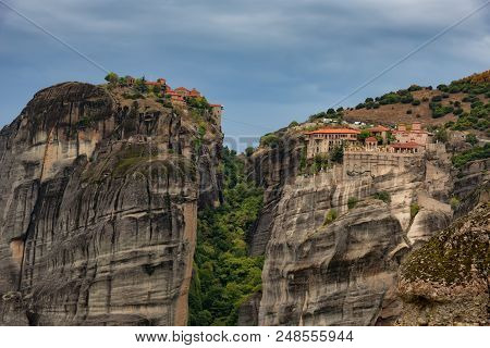 Magnificent Autumn Landscape.beautiful View On The Holy Monasteries Of Great Meteoron And Varlaam Pl