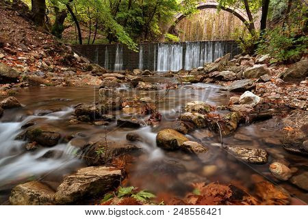 Paleokarya, Old, Stone, Arched Bridge, Between Two Waterfalls. Trikala Prefecture, Thessaly, Greece