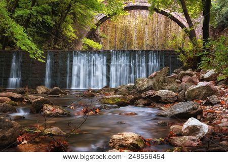 Paleokarya, Old, Stone, Arched Bridge, Between Two Waterfalls. Trikala Prefecture, Thessaly, Greece
