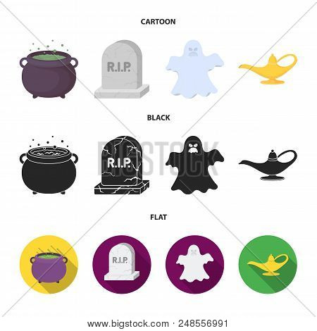 A Witch Cauldron, A Tombstone, A Ghost, A Gin Lamp.black And White Magic Set Collection Icons In Car
