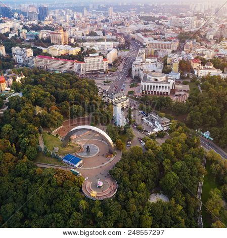 Panoramic View Of A Modern City At Sunset. Skyline Bird Eye Aerial View Of The Old Part Of The City 