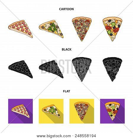 A Slice Of Pizza With Different Ingredients. Different Pizza Set Collection Icons In Cartoon, Black,