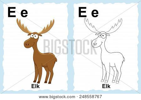 Alphabet Coloring Book Page With Outline Clip Art To Color. Letter E. Elk. Vector Animals.