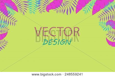 Vector Neon Banner With Palm Leaves. Frame Design For Text. Banner With Tropical Plants. Tropical Le