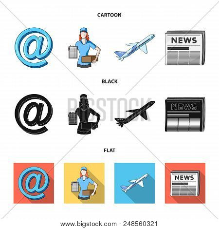 Email Symbol, Courier With Parcel, Postal Airplane, Pack Of Newspapers.mail And Postman Set Collecti