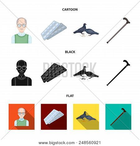 Elderly Men, Tablets, Pigeons, Walking Cane.old Age Set Collection Icons In Cartoon, Black, Flat Sty