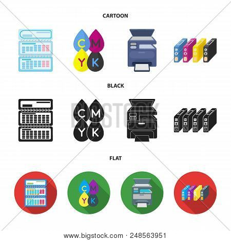 Calendar, Drops Of Paint, Cartridge, Multifunction Printer. Typography Set Collection Icons In Carto