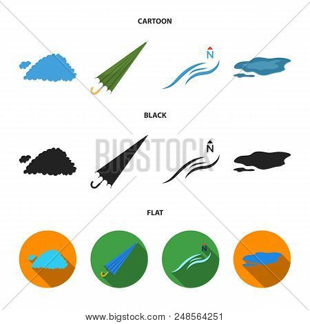 Cloud, Umbrella, The North Wind, A Puddle On The Ground. The Weather Set Collection Icons In Cartoon