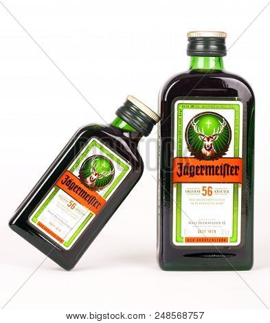 Huettenberg, Germany - 26.06.2018: Bottles Of JÄgermeister Liquor Drink Isolated On White Background