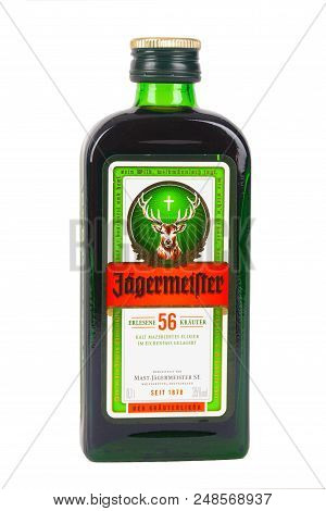 Huettenberg, Germany - 26.06.2018: Bottle Of JÄgermeister Liquor Drink Isolated On White Background.
