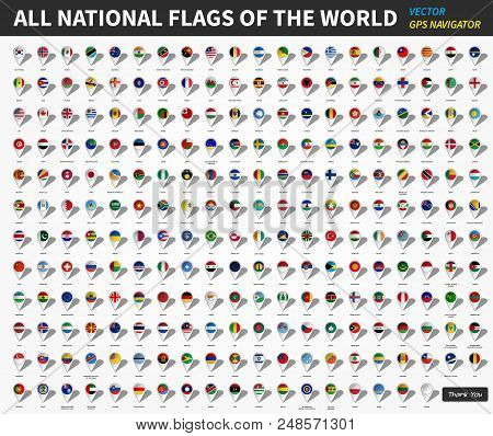 All Official National Flags Of The World . Gps Navigator Pin Design In White Background . Vector .