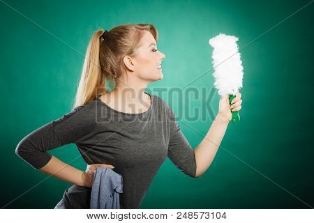Joy Happiness Chores Cleaning Concept. Cheerful Lady With Household Items. Young Extatic Blonde Maid