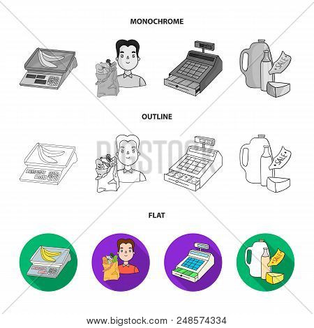 Package, Scales, Banana, Fruit .supermarket Set Collection Icons In Flat, Outline, Monochrome Style 