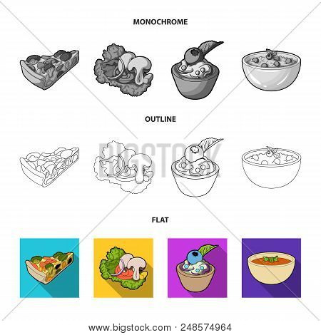 Piece Of Vegetarian Pizza With Tomatoes, Lettuce Leaves With Mushrooms, Blueberry Cake, Vegetarian S