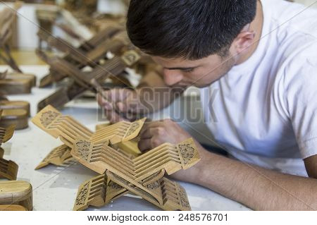 Master Making Creating Ingenious Rihals Wooden Book Stands From Bukhara, Uzbekistan