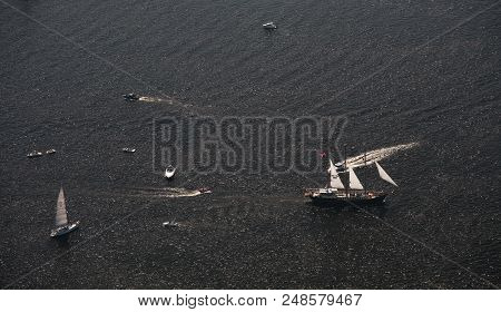 Sea Regatta. The Varma Icebreaker. A Lot Of Sailboats And Yachts In The Mouth Of The Daugava River.
