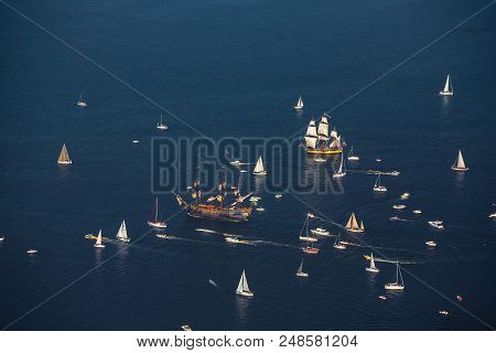 Sea Regatta. The Varma Icebreaker. A Lot Of Sailboats And Yachts In The Mouth Of The Daugava River.