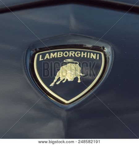 Close-up Lamborghini Logo On 2018 Rose Gold Chrome Aventador