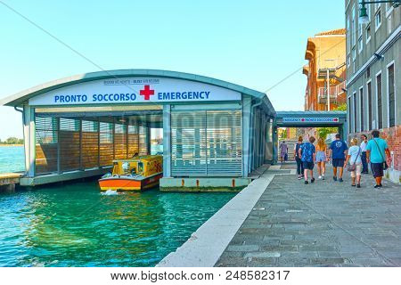 Venice, Italy - June 18, 2018:  Emergency medical service boat station  - Pronto Soccorso (it.)