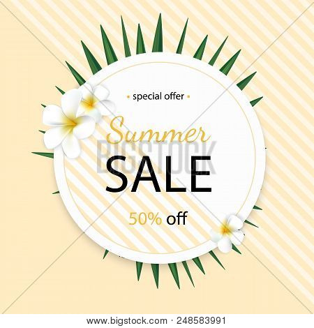Summer Sale Background With Tropical Palm Leaves And Plumeria Flower. Poster For Print, Party Invita