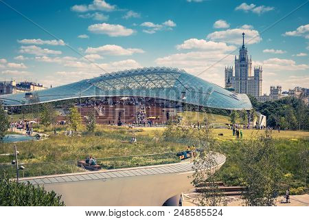 Moscow - June 17, 2018:  Modern Amphitheater With Glass Dome In Landscaped Zaryadye Park In Moscow, 