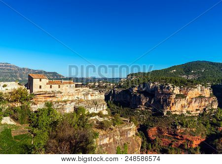 View Of The Village Siurana De Prades, Tarragona, Spain. Copy Space For Text.