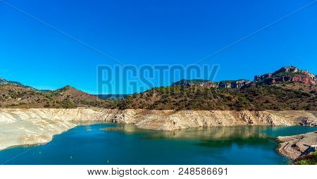 Reservoir Pantano De Siurana, Tarragona, Spain. Copy Space For Text.