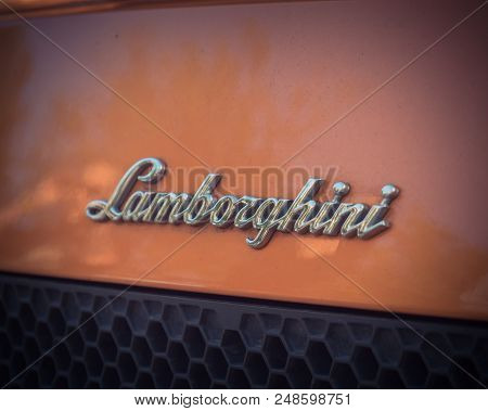 Vintage Tone Lamborghini Text Logo On Rear Of Aventador Supercar