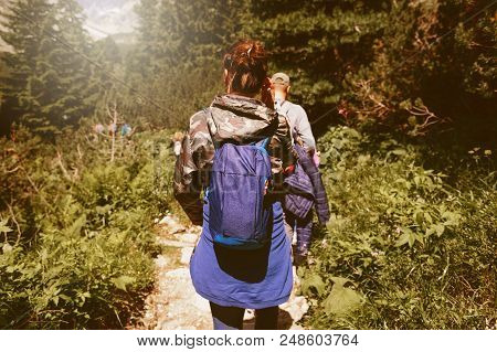 Group Of Traveler With Backpack Walking Forest. Travel And Backpacking Lifestyle Concept
