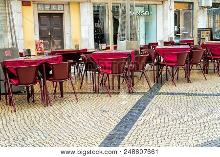 Lisbon - April 01 , 2018 : Cafe Terrace In The Pedestria Area Of The Barrio Alto, Or Upper Town, In 