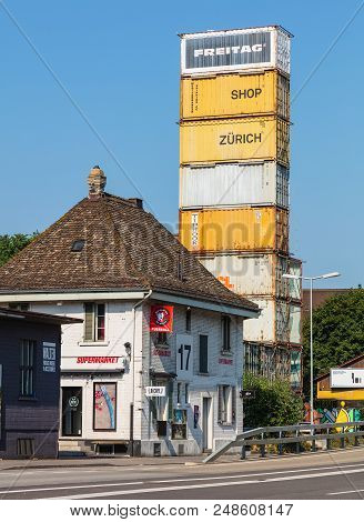 Zurich, Switzerland - July 8, 2018: Buildings On Geroldstrasse Street And The Freitag Shop. The Frei