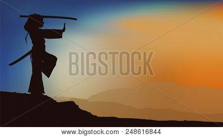 Silhouette Of A Girl In A Kimono With A Katana Sword Practicing Martial Arts On The Background Of A 