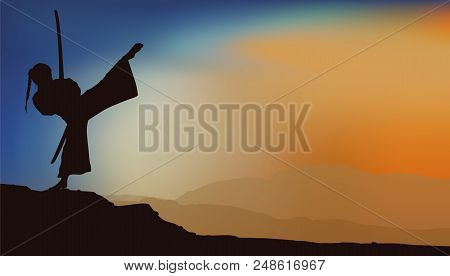 Silhouette Of A Girl In A Kimono With A Katana Sword Practicing Martial Arts On The Background Of A 
