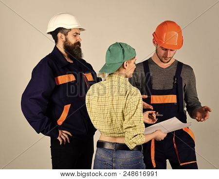 General Workers. Recruitment Concept. Brigadier, Foreman Hiring Workers For Repair, Sign Contract. B