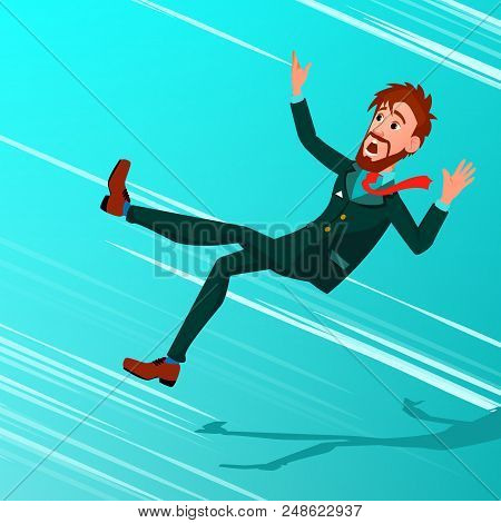 Businessman Falling Down Vector. Miskate, Bankruptcy, Economic Crisis. Business Fall To The Bottom. 
