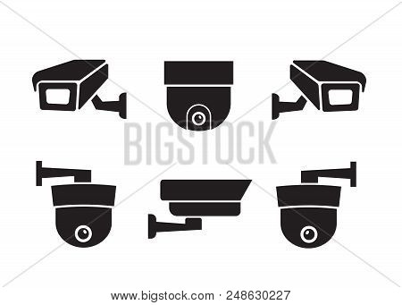Camera Cctv Security Icon. Video Surveillance Security Cameras Vector Icons Set. Black Camera Cctv