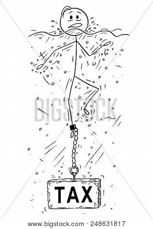 Cartoon Stick Drawing Conceptual Illustration Of Man Or Businessman Drowning With Block Of Stone Or 