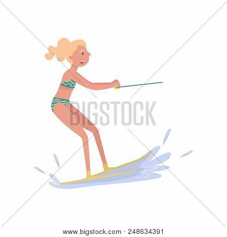 Woman Riding Waterski, Extreme Water Sport Cartoon Vector Illustration Isolated On A White Backgroun