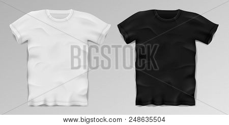 Black And White Realistic Male T-shirt. Blank Sports T-shirt Template Isolated. Cotton Man Shirt Des