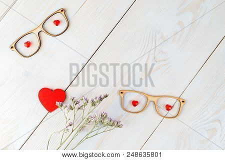 Layout Copy Space For Text Wooden Background With Flowers, Heart, Ribbon, Flay Lay