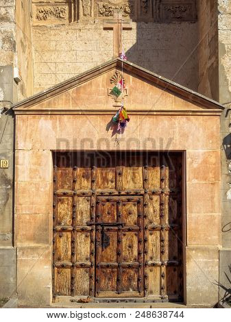 Old Wooden Church Door With A Cross Above - Redecilla Del Camino, Castile And León, Spain, 10 Septem