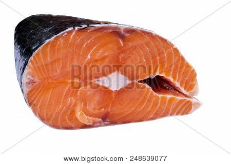 Fresh Salmon Steak Isolated On The White Background. Salmon Red Fish Steak. Large Pile Of Salmon Ste