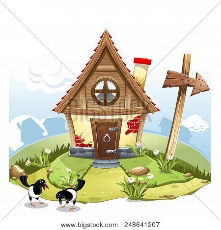 Cartoon Fairy House, On A Green Hill With Arrow And Two Magpies.