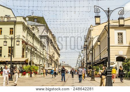 Moscow, Russia - June 4, 2018: Kamergersky Lane In The Center Of Moscow. Old Pedestrian City Center.