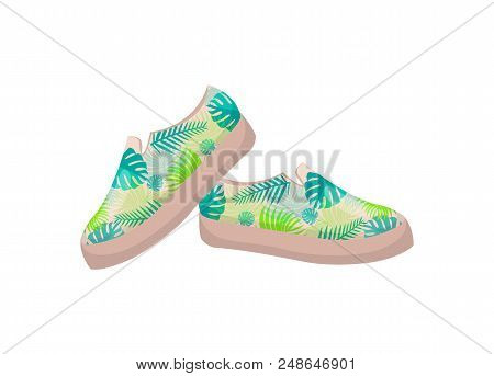 Pair Of Shoes With Leaves, Summer Mode Represented By Footwear, Womens Summer Mode, Heelless Shoes, 