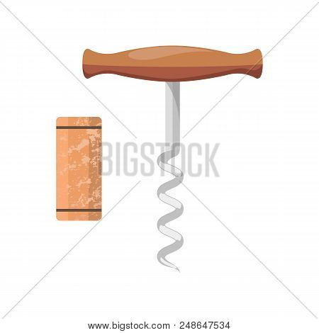 Corkscrew And Cork Vector Illustration Isolated On White Background. Bottle Opener And Wooden Cork, 