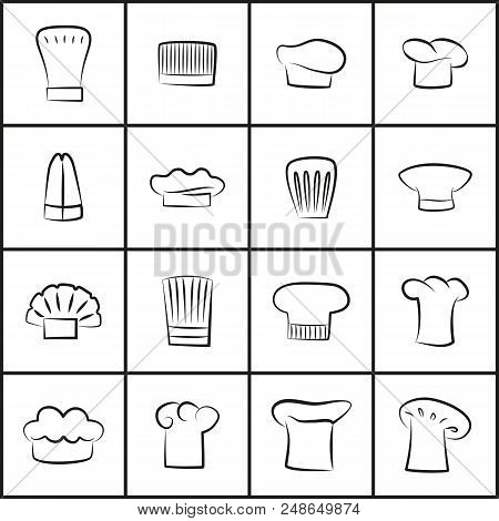 Chef Hats Of All Shapes Thin Outline Set. Cooks Uniform Elements With Various Designs. Chef Hats Ske