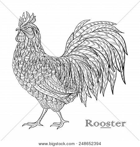 Hand Drawn Rooster In Doodle Style. Cock Illustration In Vintage Engraving Style. Grunge Label For T