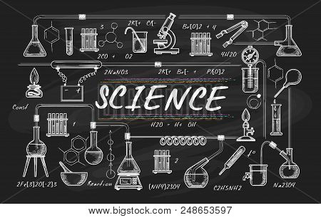 Blackboard School Science. Chemical Teacher Board Drawing, Vector Chemistry Classroom Sketch, Studen