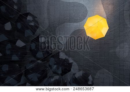 Unique Yellow Umbrella And Group Of Dark Ones. Standing Out From Crowd, Individuality And Difference
